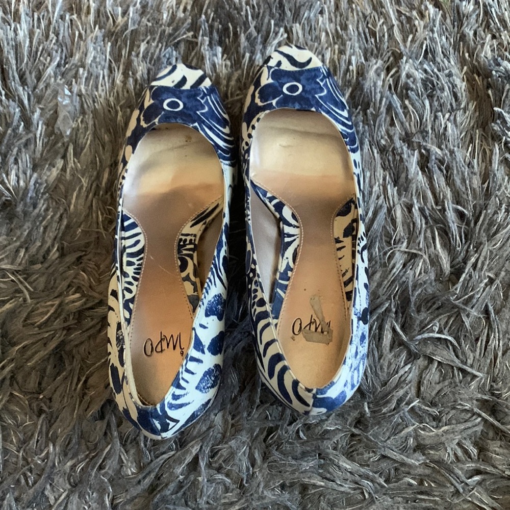 Blue and white heels
